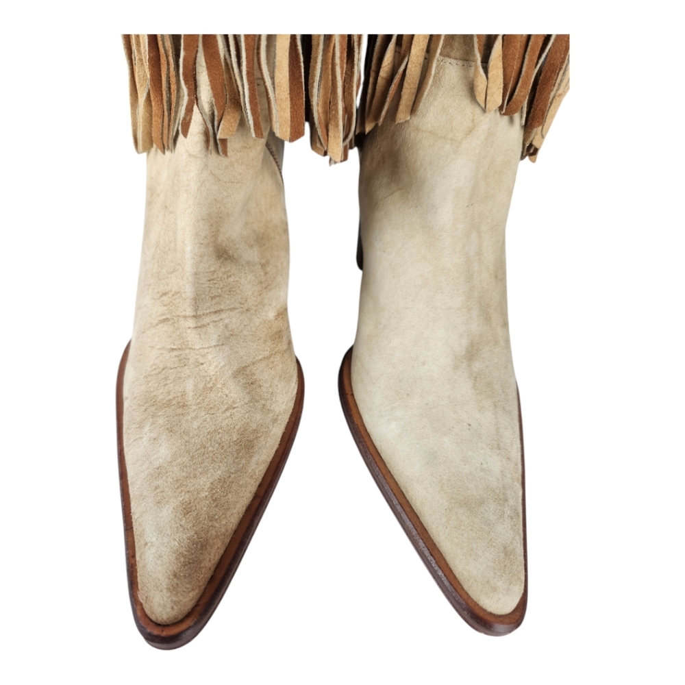 Carlos Falchi Fiorina Suede Leather Fringe Cowgirl Boots 3" Heel Mid-Cal… - Picture 4 of 10